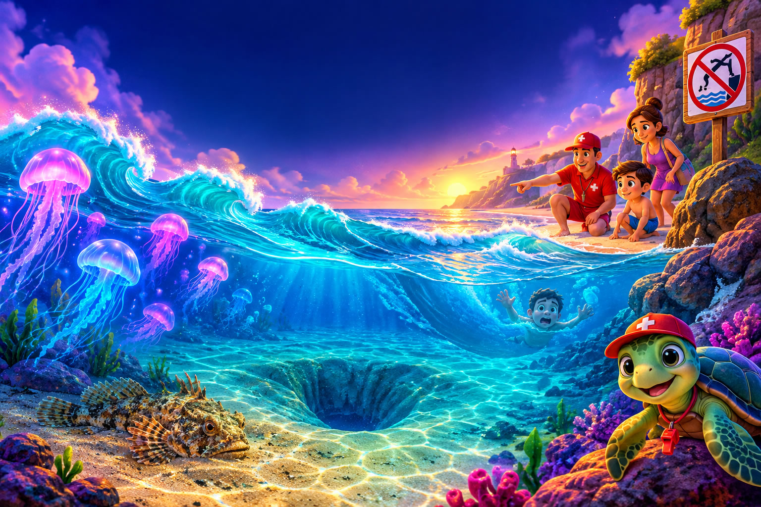Illustrazione fiabesca di una spiaggia, un bagnino e creature marine colorate